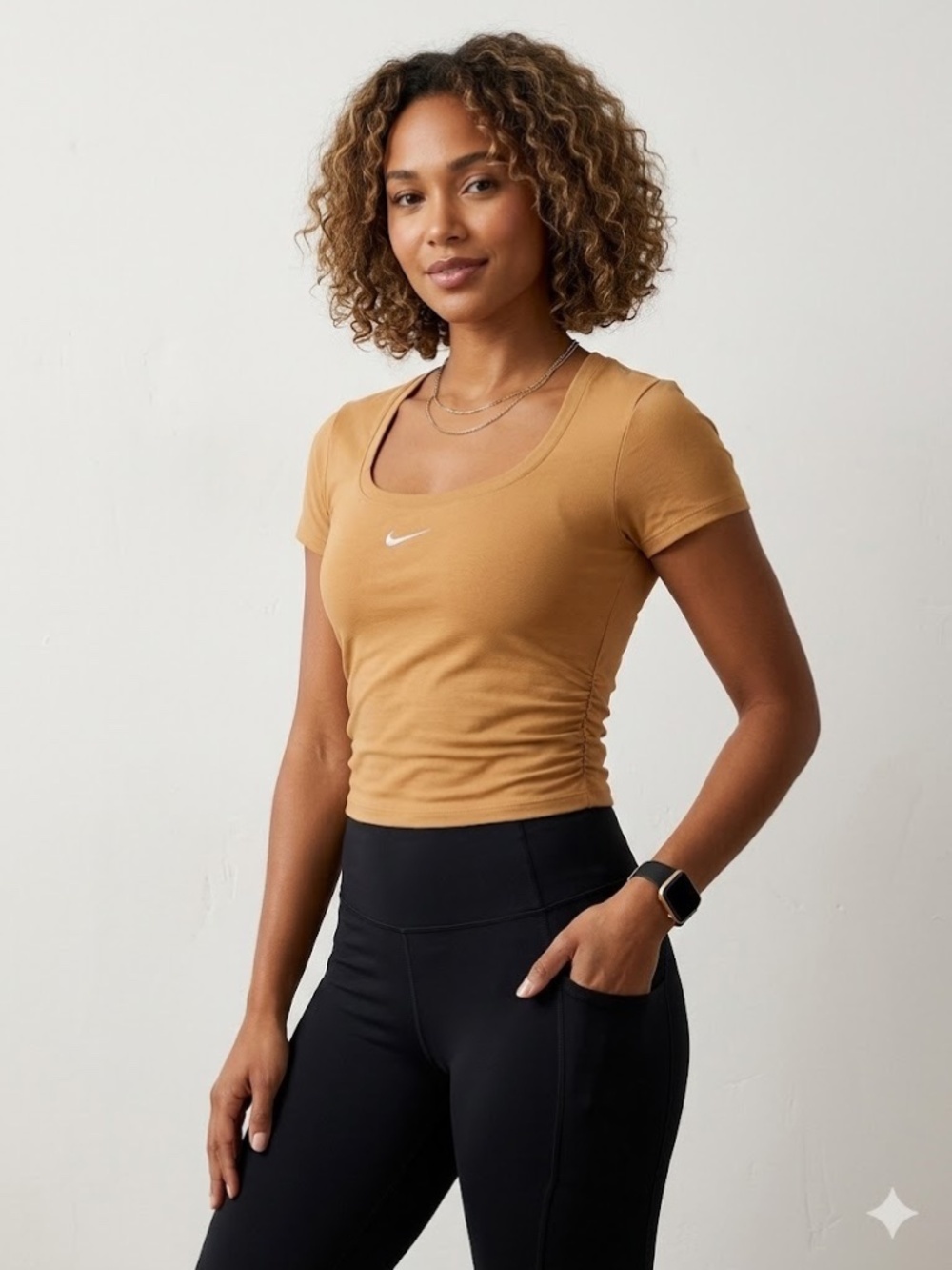 NWT Nike Sportswear Chill Knit Ruched Short Sleeve Top Large Yellow Ochre - Picture 2 of 8
